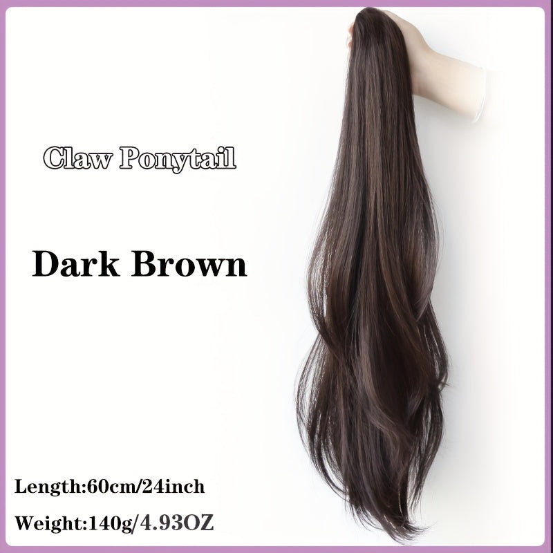 Black 23.62inch Clip-On Ponytail Hair Extension Wig for Women, Featuring a Long Straight Hairpiece
