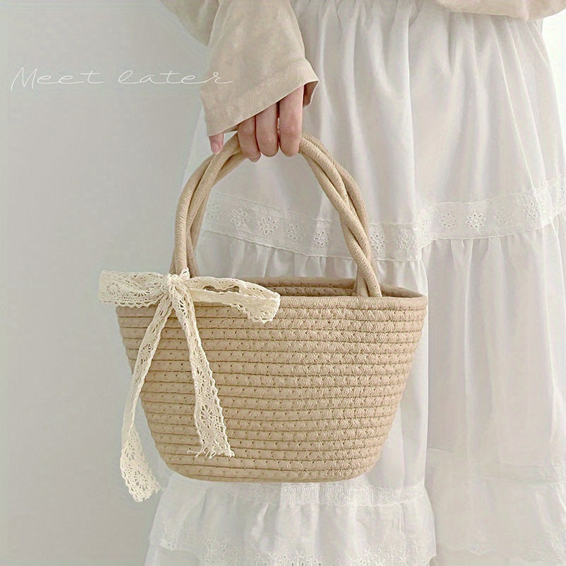 Handbag Women's Straw Basket Handmade Bag Holiday Picnic Spring Trip Photo Beach Bag Single Shoulder Woven Small Bag Elegant Lady