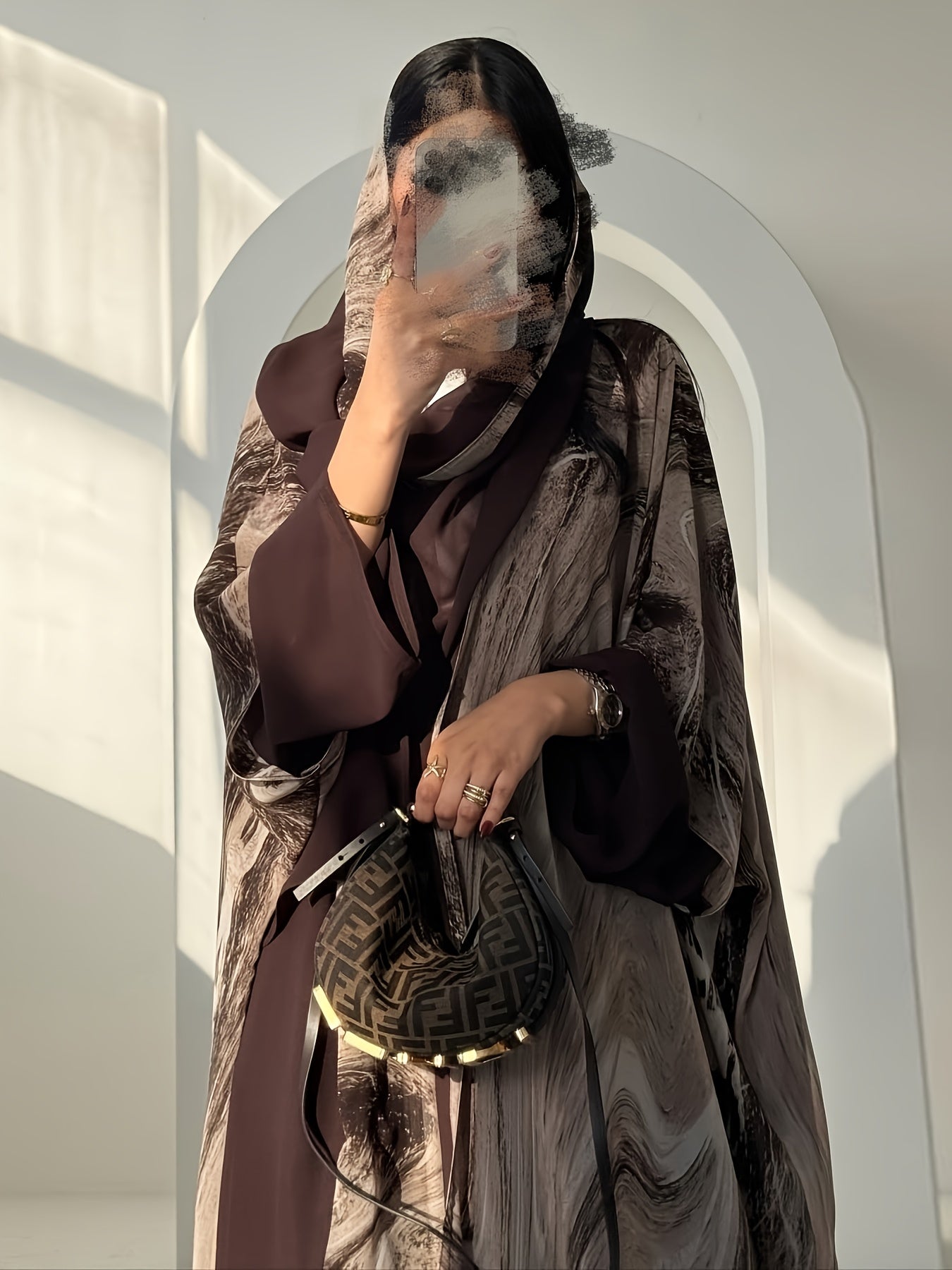 Elegant Brown Floral Print Abaya with Headscarf - Stylish Loose Fit, Long Sleeve, Button-Up Cardigan for Women, Perfect for Casual or Formal Occasions, Casual Wear|Floral Print Abaya