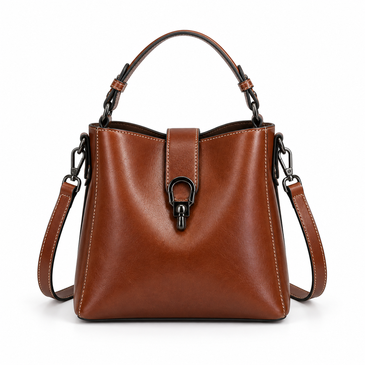 Coffee Brown Structured Leather Shoulder Handbag