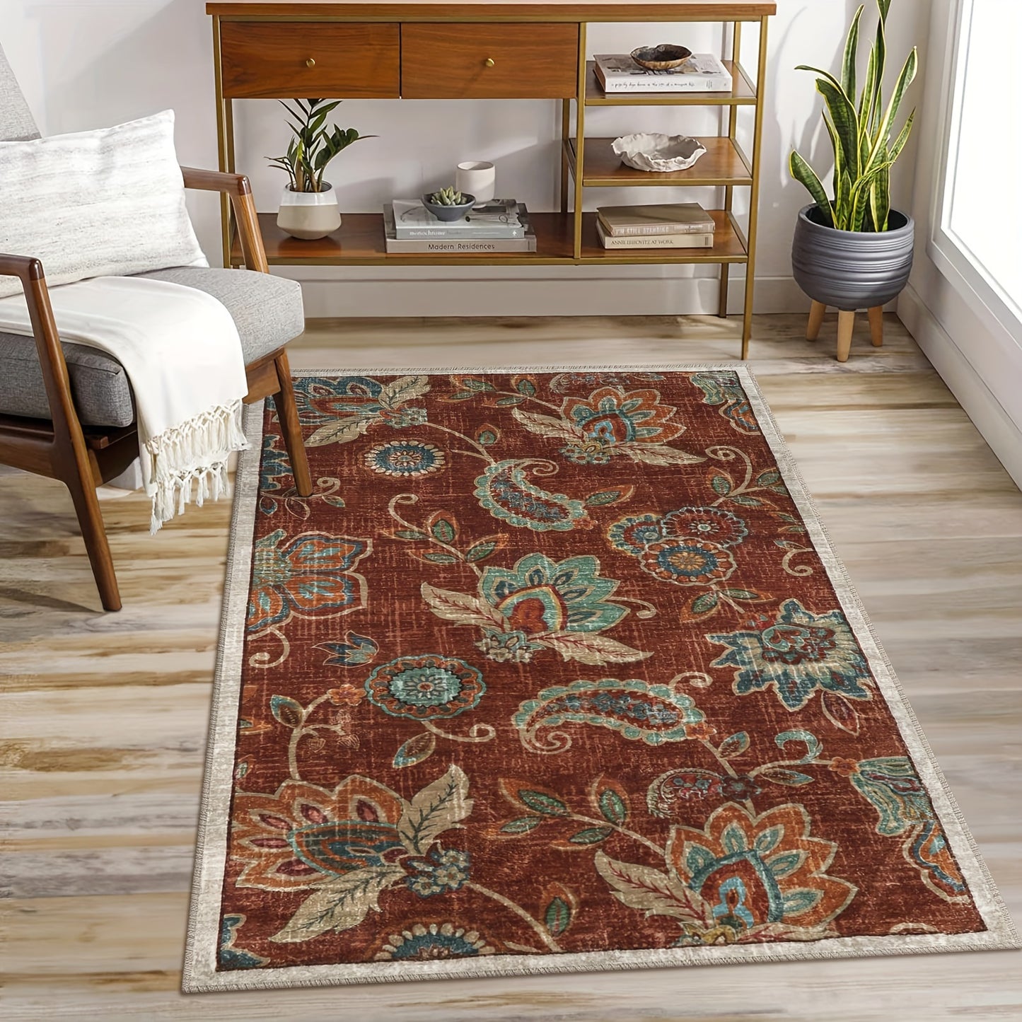 Vintage Non Slip Throw Area Rug, Floral Washable Entryway Rugs Indoor, Soft Paisley Bedroom Rug Bath Mat, Distressed Floor Chair Carpet For Living Room Entrance Dorm RV, Red