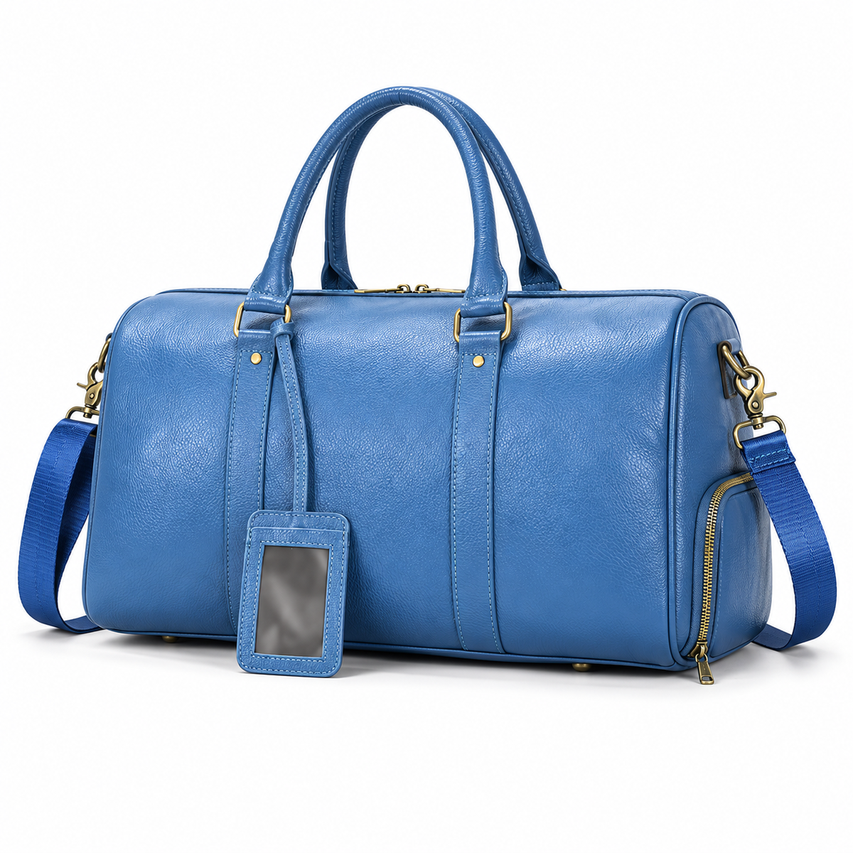 Blue Leather Duffel Bag With Strap