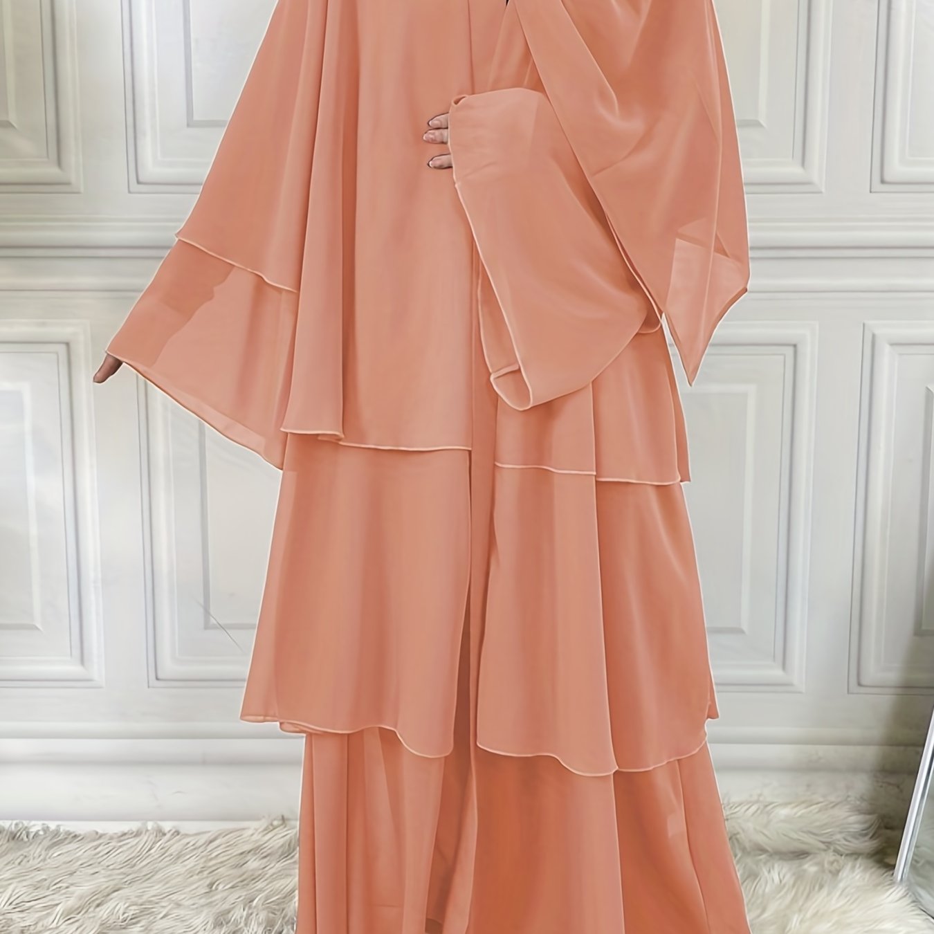 Ramadan Layered Open Front Modest Pakistani Abaya, Long Sleeve Muslim Dress With Belted, Without Hijab, Women's Clothing