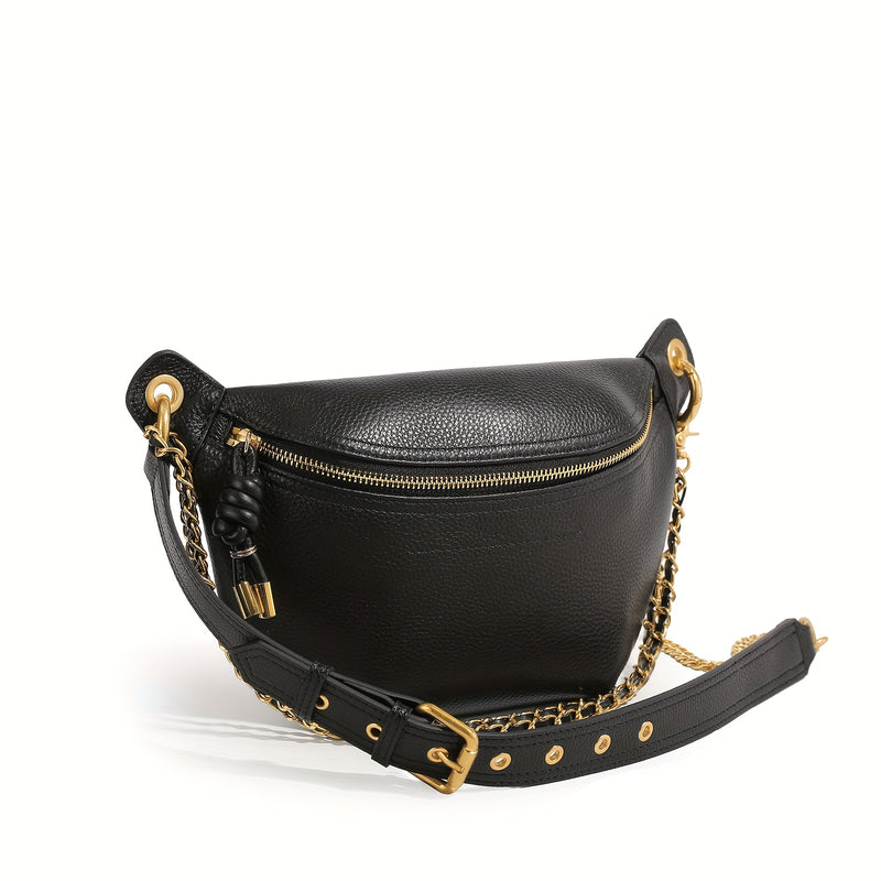 Vintage Solid Color Chest Bag, Chain Deco Tassel Zipper Sling Bag, Trendy Women's Luxury Genuine Leather Shoulder Bag