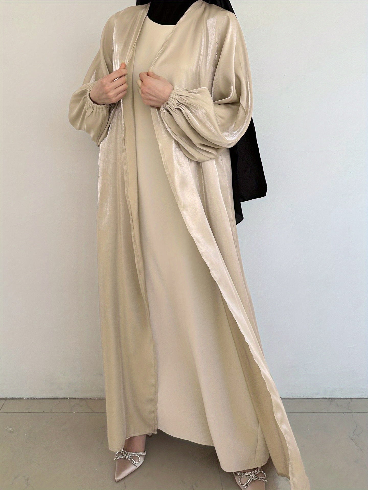 Plus Size, Middle Eastern Modest Muslim Fashionable Bright Silky Satin Solid Color Belt Bat Sleeve Arabic Abaya European and American Large Size Women's Clothing