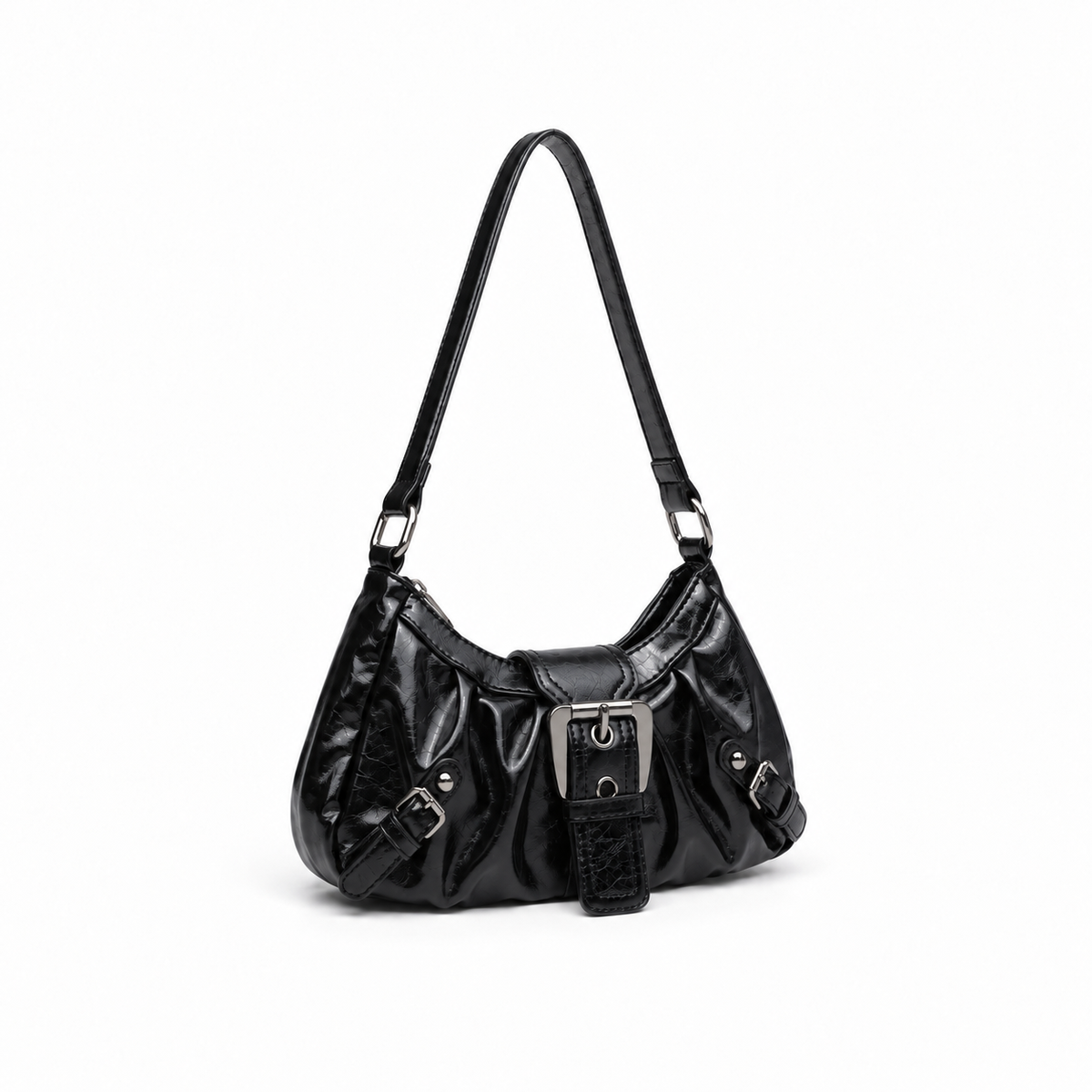 Glossy Black Buckle Shoulder Hobo Bag