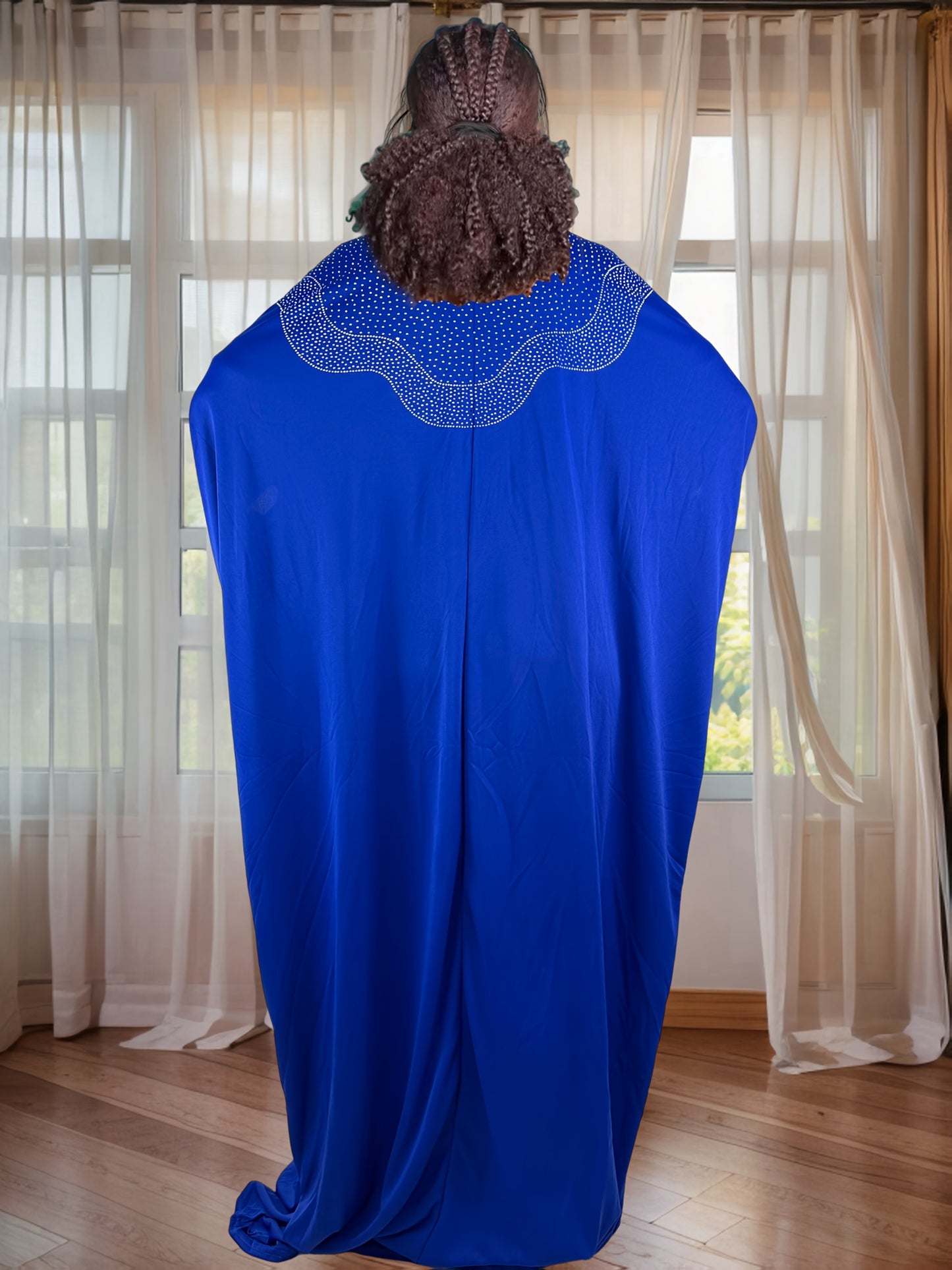 Plus Size - Plus Size - Zuan005#Black Long Robe with Rhinestones on The Front And Back