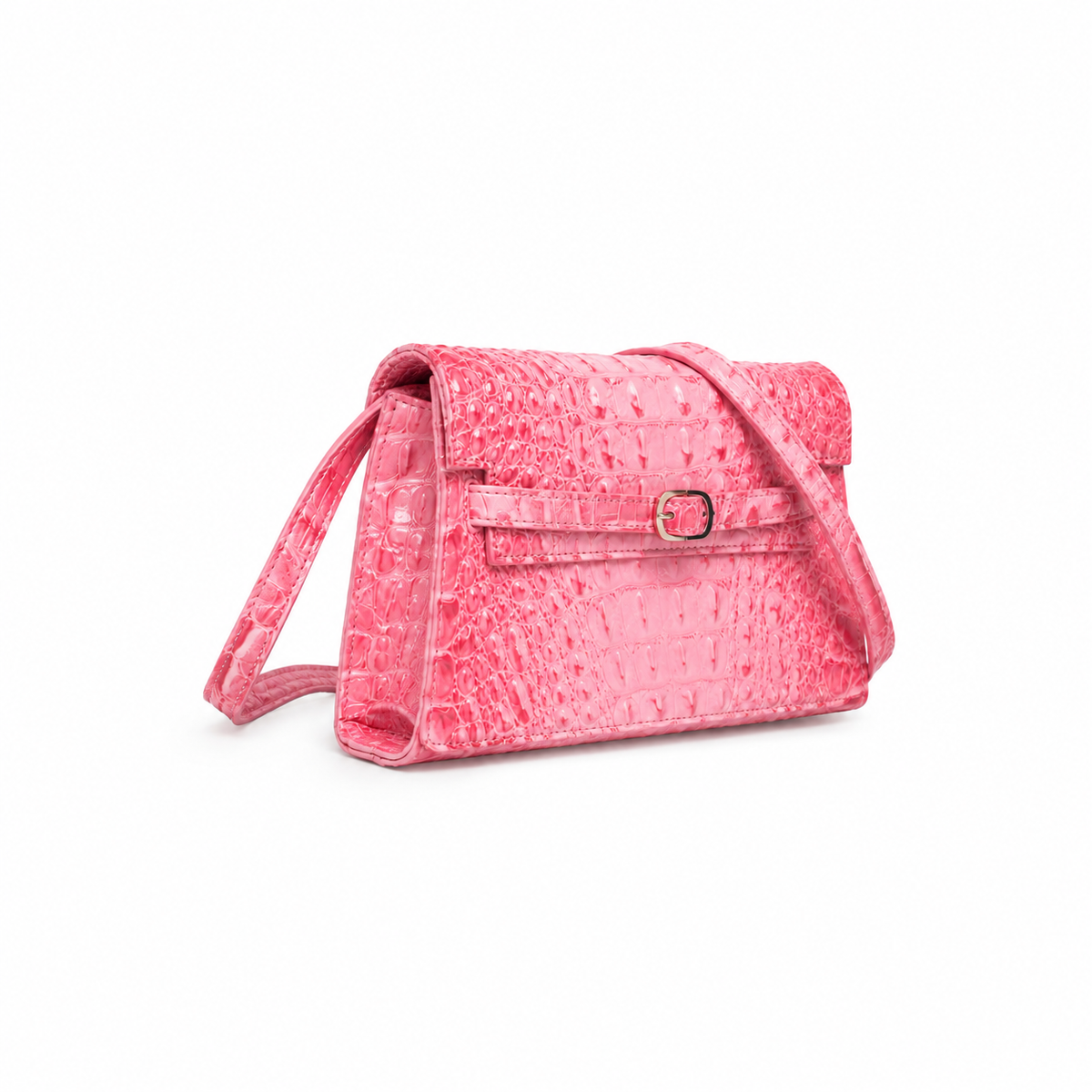 Pink Crocodile Embossed Leather Shoulder Bag