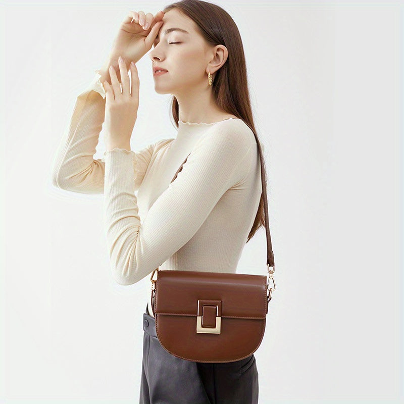 2025 New Style Women's Vintage Saddle Crossbody Bag - Genuine Leather Shoulder Bag with Golden-Tone Buckle Closure, Polyester Lining & Oil-Edged Trim