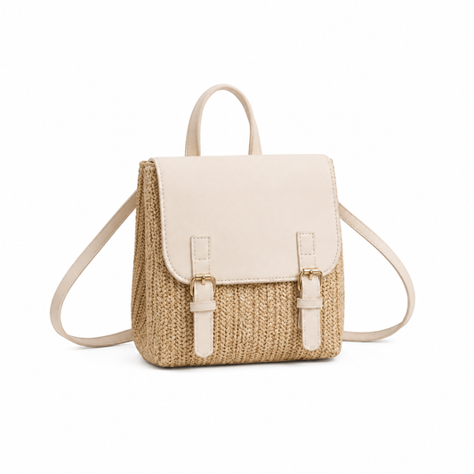 Beige Woven Straw Mini Backpack Handbag