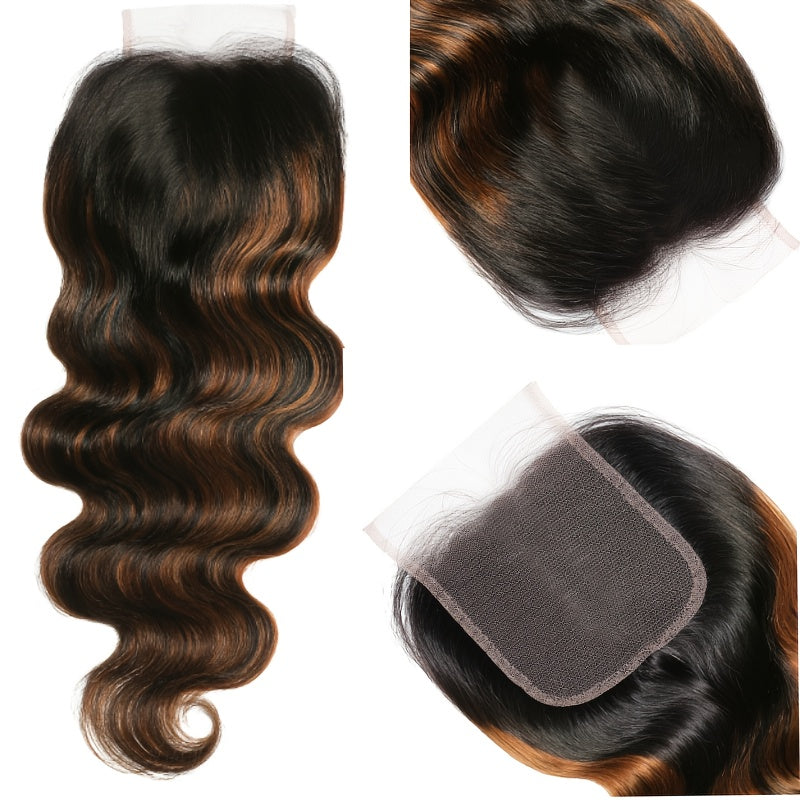Klaiyi Balayage Honey Blonde Virgin Hair Weaves for Women, Featuring Body Wave with Dark Roots, Sew-In Piano Color, 300G Hair Weaving Plus 1pc Closure