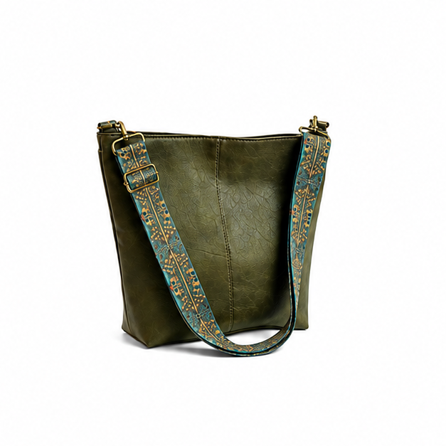 Green Boho Shoulder Bag with Woven Strap