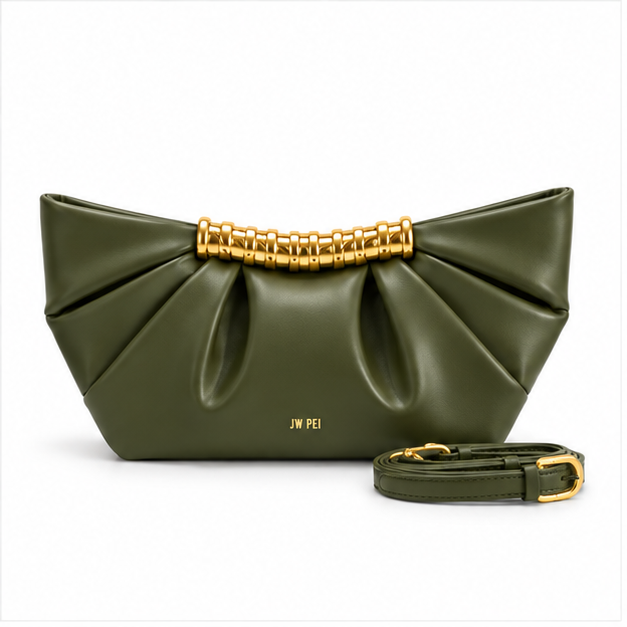 Army Green Pleated Gold Accent Clutch