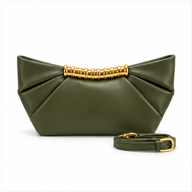 Army Green Pleated Gold Accent Clutch