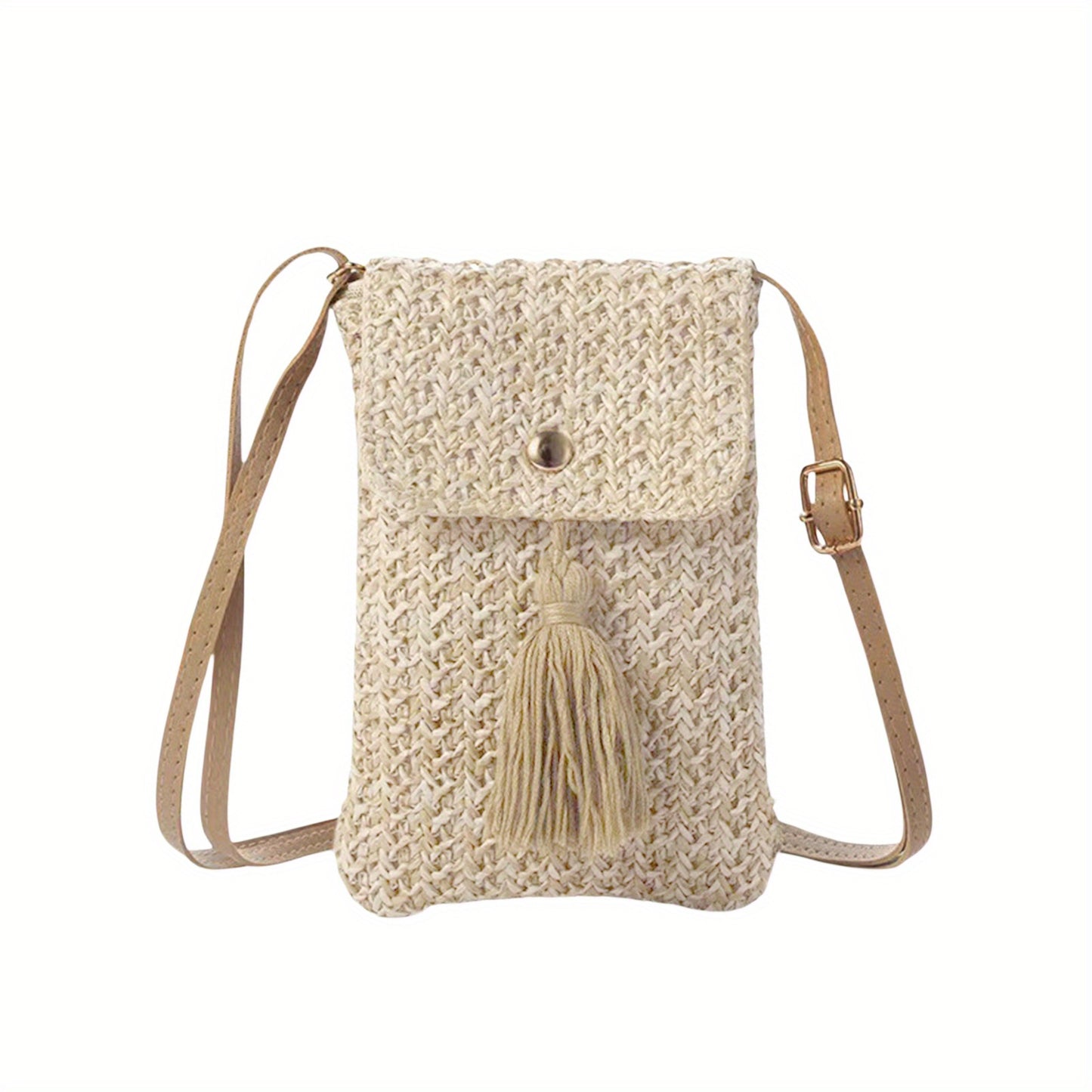 Women's Chic Beige Woven Crochet Crossbody Bag with Adjustable Strap, Tassel Detail & Magnetic Closure - Lightweight Fabric Phone Purse