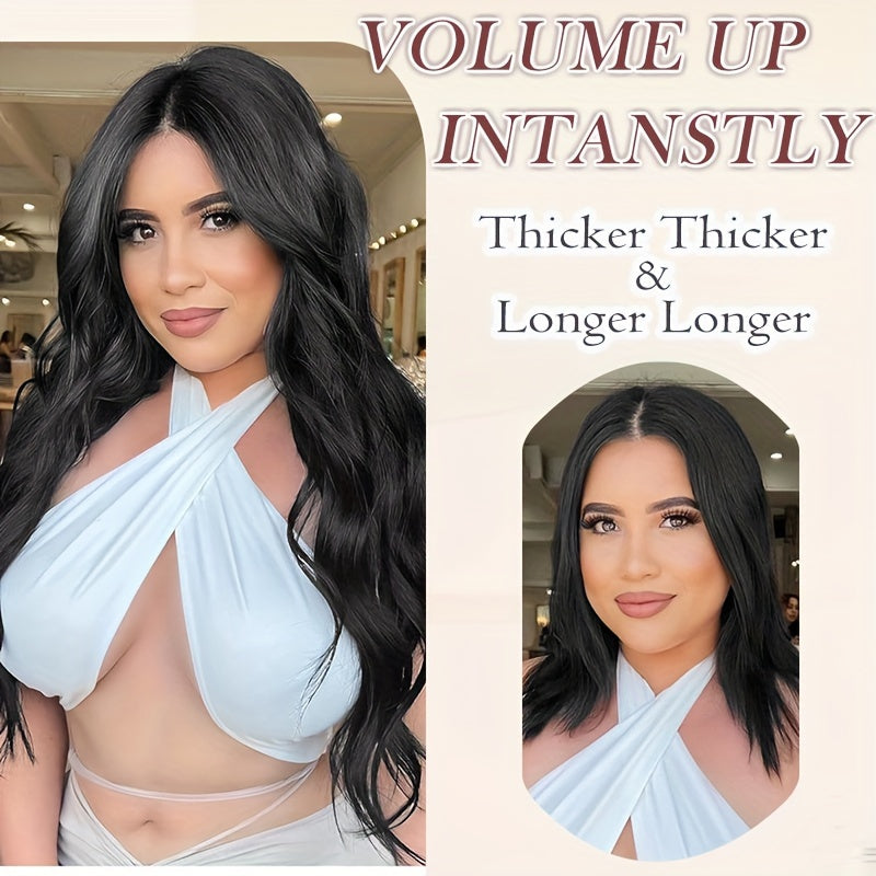 Thick Clip In Long Wavy Synthetic Hair Extensions - 24 Inch Balayage Brown Black Double Weft Fiber Hidden Wire Hairpieces for Women - Easy to Style, Natural Looking, And Long-Lasting Hair Enhancement