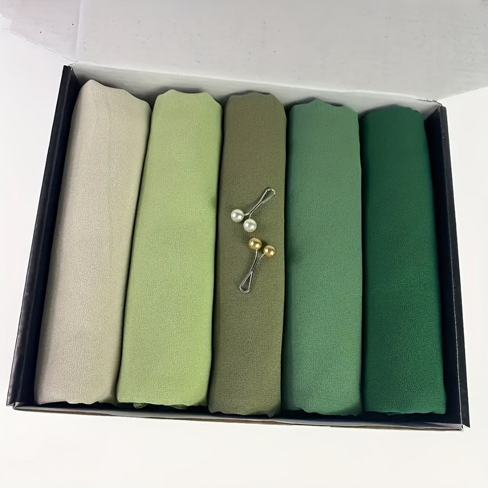 1box Solid Color Chiffon Hijab And Hijab Pins Thin Breathable Sunscreen Scarves (5pcs Minimalist Headscarfs + 2pcs Round Beads Clips), Hijab Set, Modest Fashion, Minimalist Scarf, Elegant Design, Delicate Weave, Lightweight F