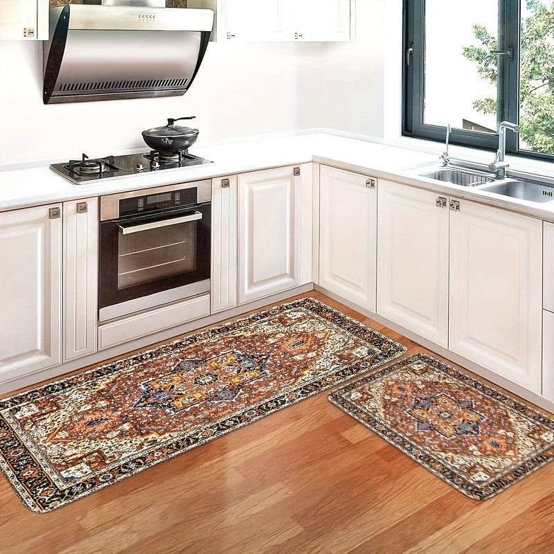 Kitchen Mat Set Featuring a Bohemian Style, Small Decorative Rugs with Vintage Eastern Medal Designs, Persian Carpets Made of Plush Material That Are Stain-Resistant, Non-Slip, Soft, Comfortable, And Easy to Clean