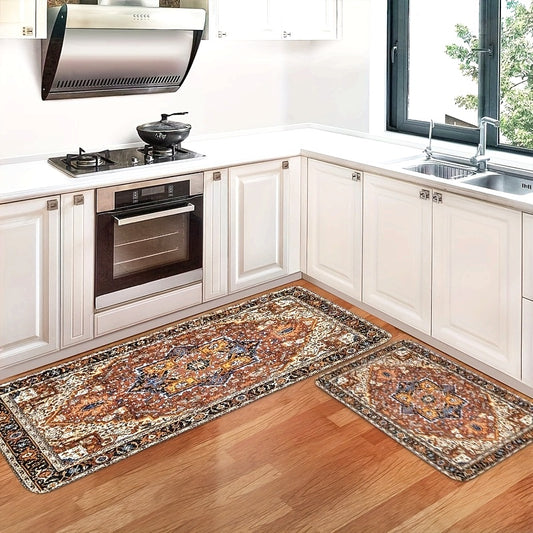 Kitchen Mat Set Featuring a Bohemian/Arabian Style, Small Decorative Rugs with Vintage Eastern Medal Designs, Persian Carpets Made of Plush Material That Are Stain-Resistant, Non-Slip, Soft, Comfortable, And Easy to Clean