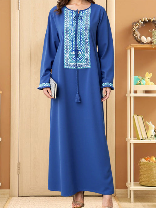 Women's Vintage Turkish Abaya Dress - Loose Fit Tie-Up Tassel Round Neck Long Sleeve Geometric Print 100% Polyester Machine Washable All-Season Casual Outdoor Wear
