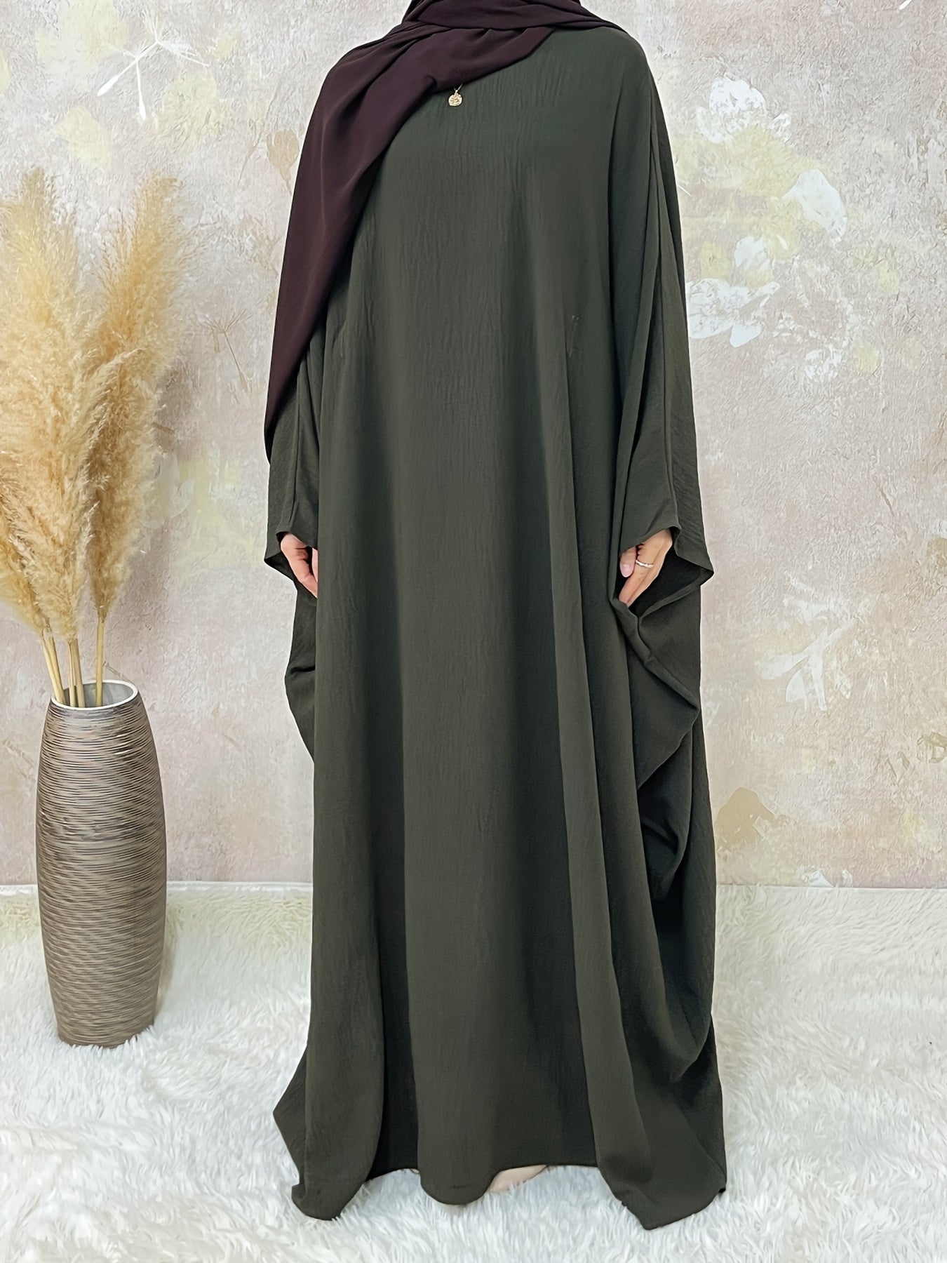 Women's Vintage Arabic Abaya Dress - Ramadan Modest Batwing Sleeve Long Dress with Waist Belt, Loose Fit Solid Black, Faux Pockets for All-Season Wear, Muslim Dress, Modest Apparel
