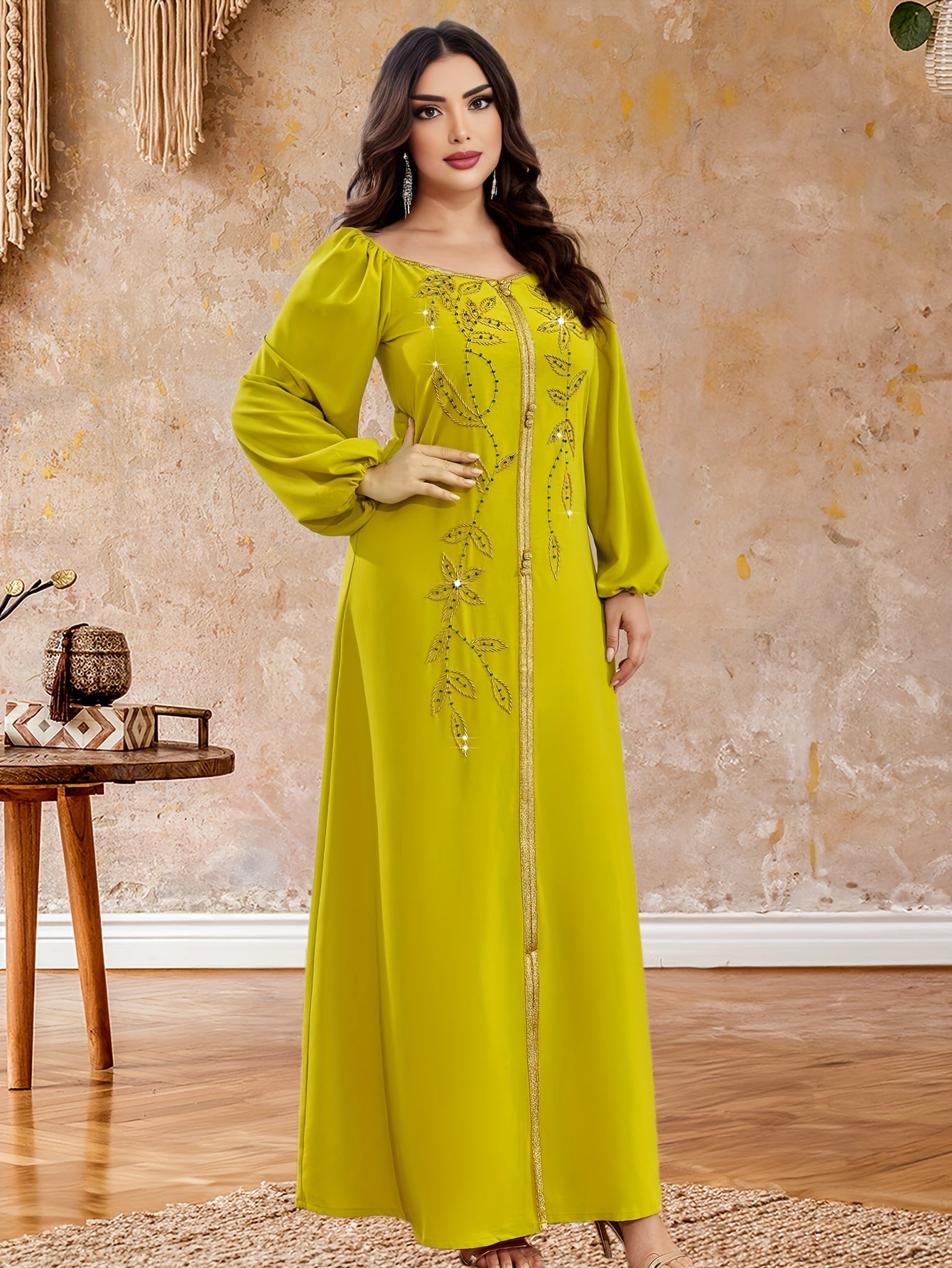 Elegant Long Sleeve Polyester Dress with Lantern Sleeves, Solid Color, Tie Back, and Belted Waist Palestinian Abaya