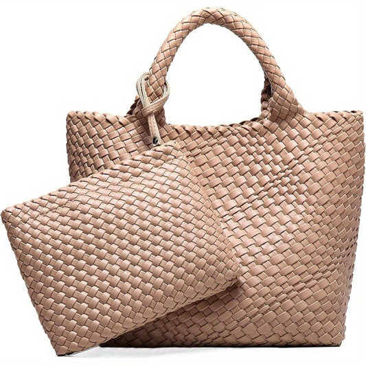 Women's Vegan Woven Tote Bag - Large Chocolate Brown Beach Travel Bag with Detachable Wristlet, Handmade Retro Design & Sturdy Handles