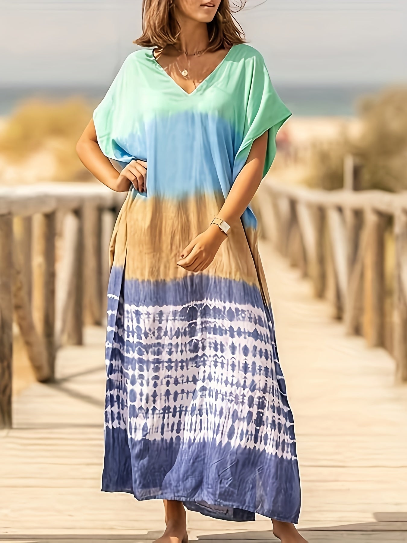 Women Green Tie Dye Kaftan Dress | Beach Cover Up Short Sleeve Caftan Maxi Dress With Patchwork Pattern, V-Neck, Long Length, Split Detail, Suitable For Spring/Summer/Fall