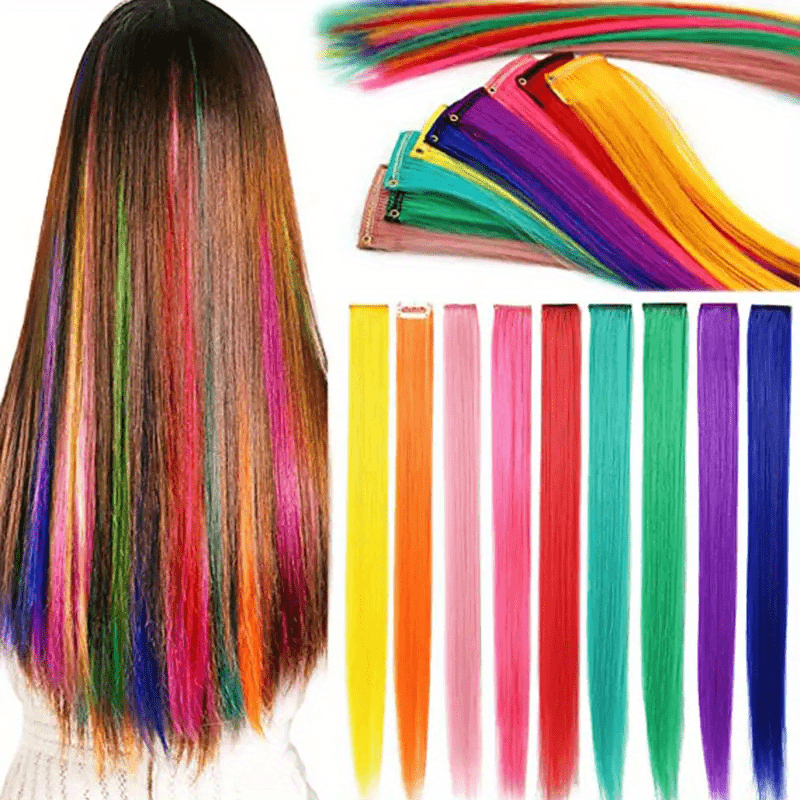 9pcs Colorful Hair Extension Clips Straight Hair Multicolor Hair Extensions Accessories Women Gift Party Highlights Wig Pieces for Women Cosplay Party Y2K Style