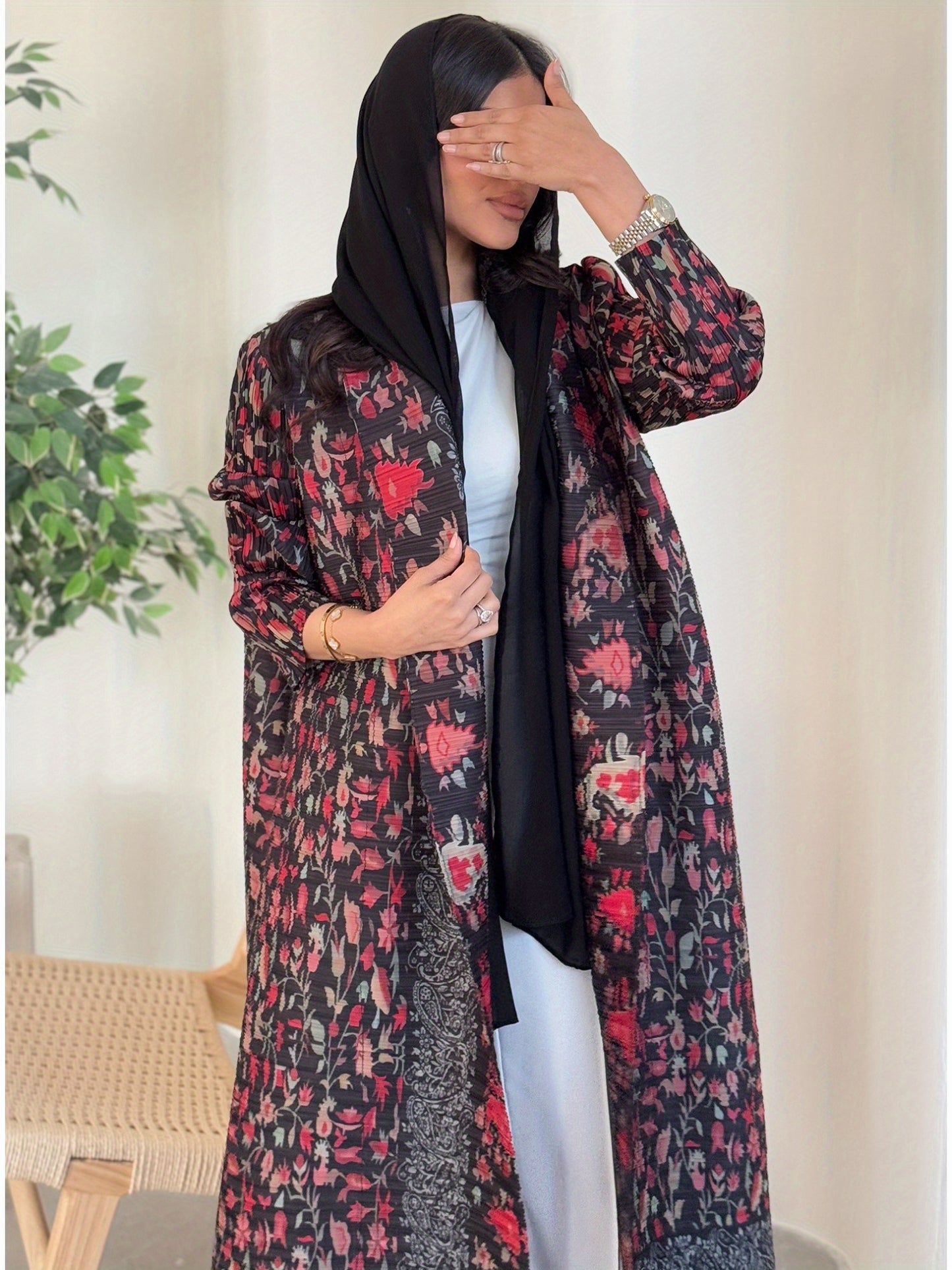 2025 Eid Al-Adha Ready - Stylish Black & Red Floral Print Abaya with Geometric Pattern, Long Sleeve Kaftan Dress for Women, Minimalist Belt Detail, Perfect for Hijabi Fashion