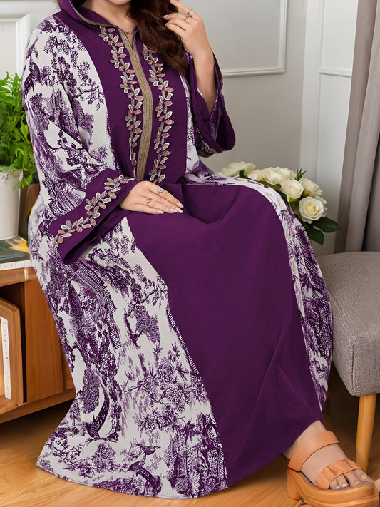 Plus Size, 2025 new landscape print decoration three-dimensional lace Middle Eastern hooded long loose large size Palestinian Abaya