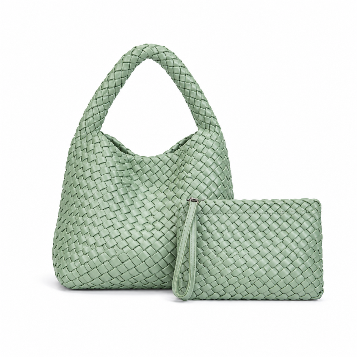 Sage Green Woven Hobo Bag With Pouch