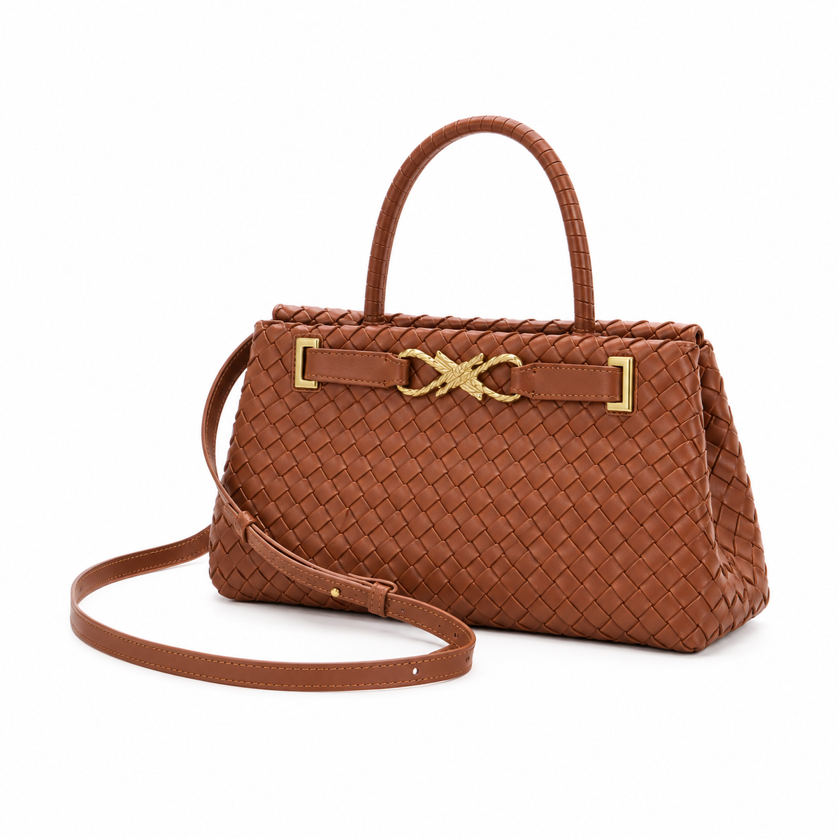 Brown Woven Handbag With Gold Hardware