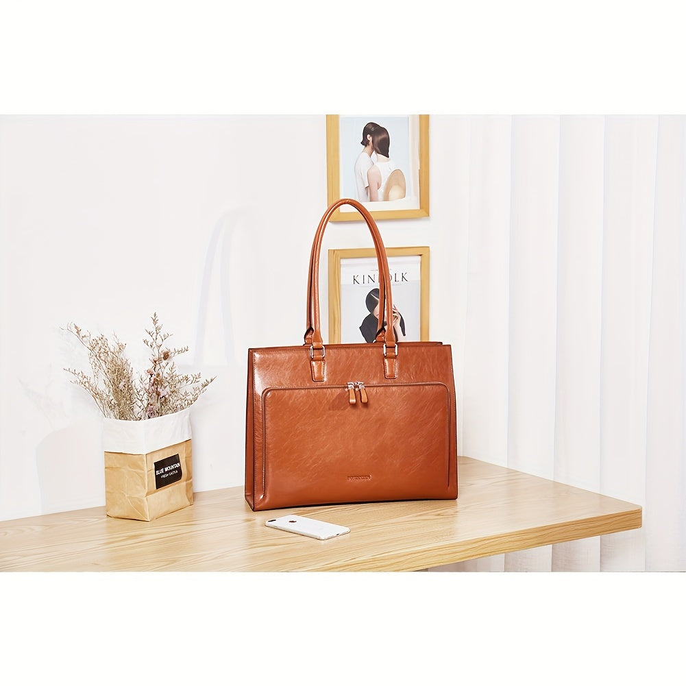 15.6 inch Leather Briefcase for Women Vintage Laptop Bag Brown Business Shoulder Handbag