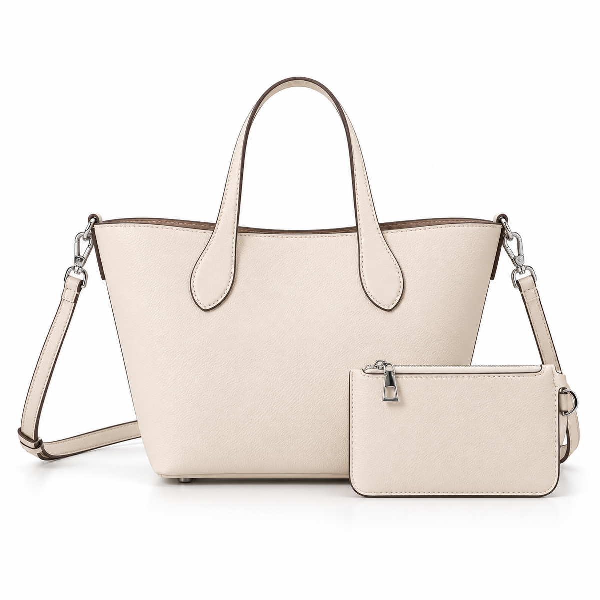 Ivory Textured Tote Bag With Pouch