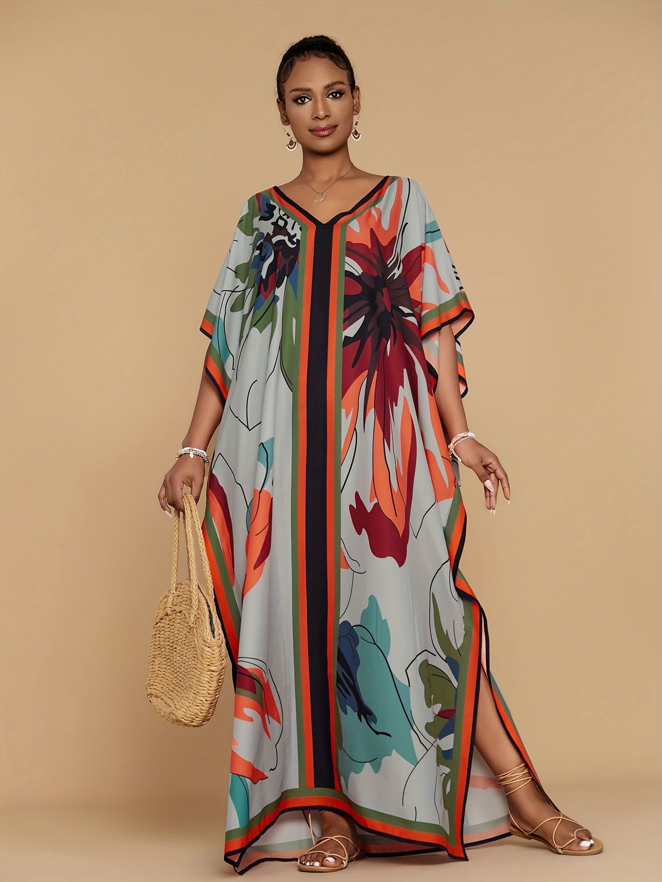 Vibrant Bohemian Kaftan Dress - Four-Sided Elastic V-Neck, Bat Sleeves, Beach Cover-Up