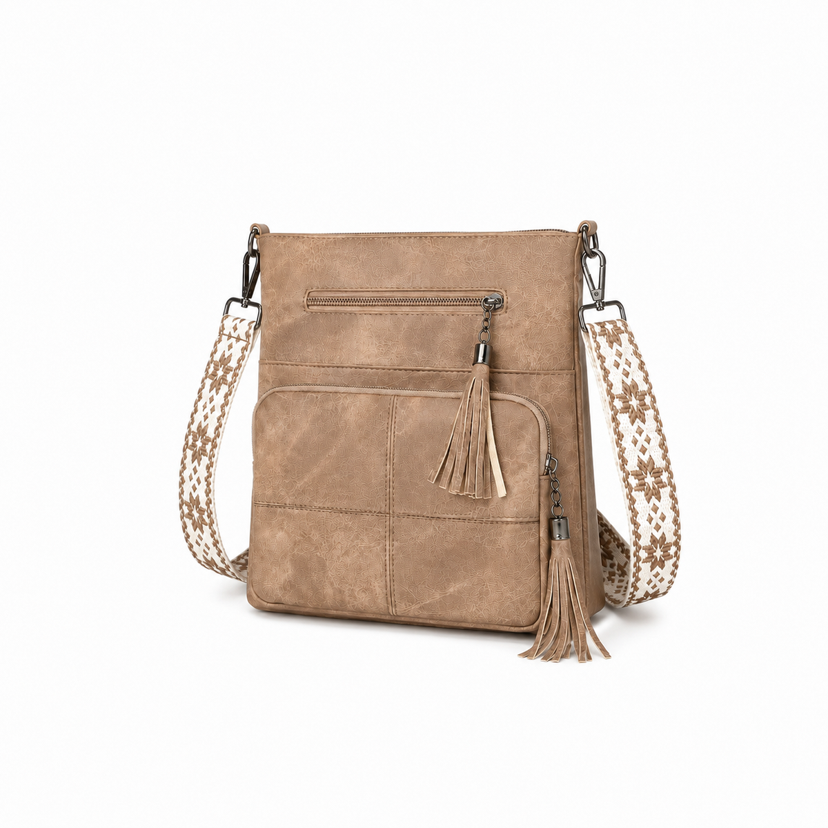 Khaki Tassel Crossbody Bag with Woven Strap