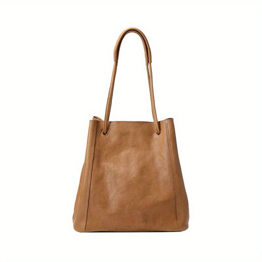 Large Capacity Genuine Leather Tote Bag - Vintage Bucket Style Crossbody, Soft Brown Leather