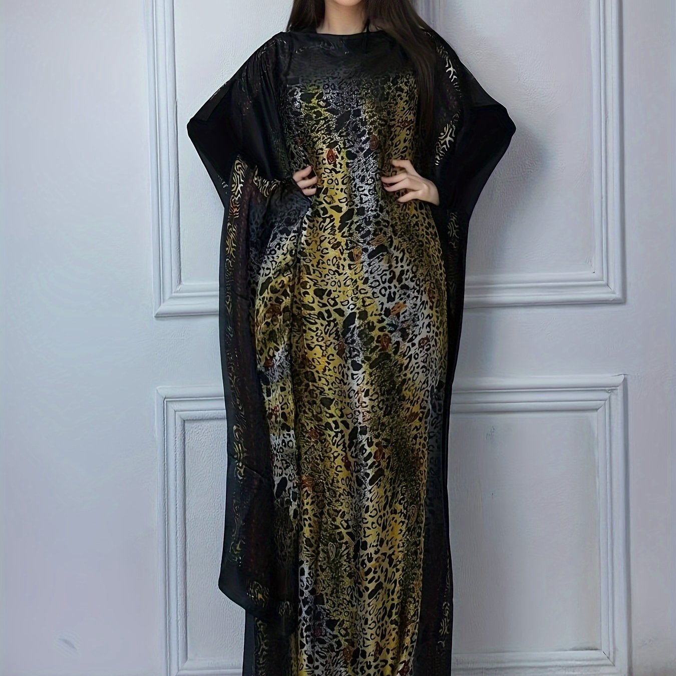 Women's Middle Eastern Style Color-Block Batwing Sleeve Long Cover-Up Abaya Dress with Scarf - Loose Fit H-Shaped All-Season Lightweight Beach Pool Party Dress