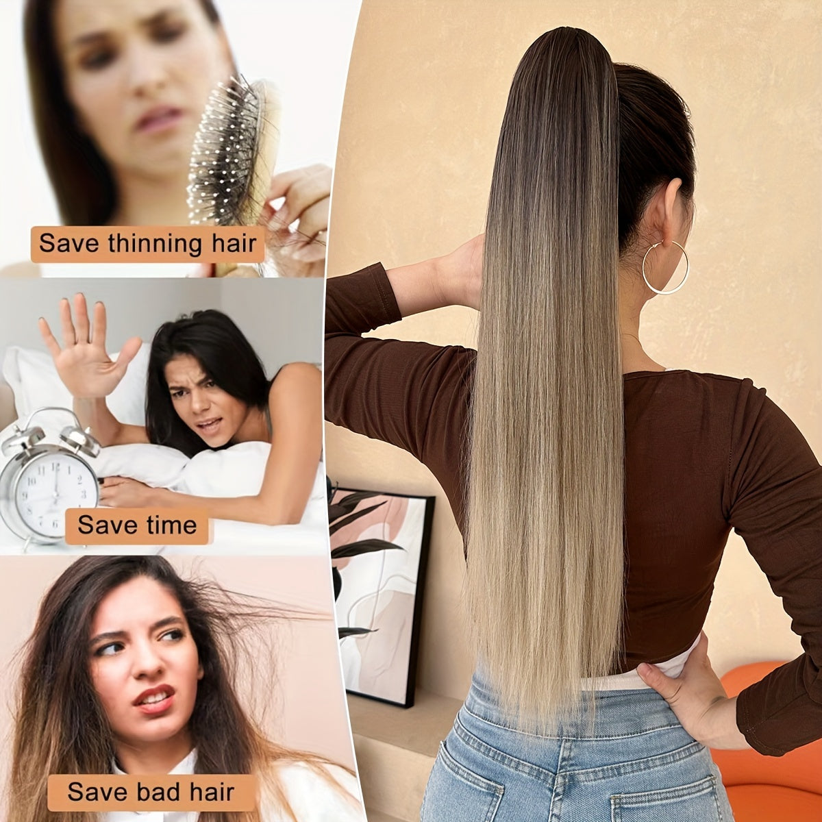 [YUSULAXI Ombre Hair Extension] YUSULAXI 26" Long Straight Heat-Resistant Synthetic Hair Ombre Black to Brown Claw Clip Ponytail Extension - Voluminous Texture for Women's Daily Use