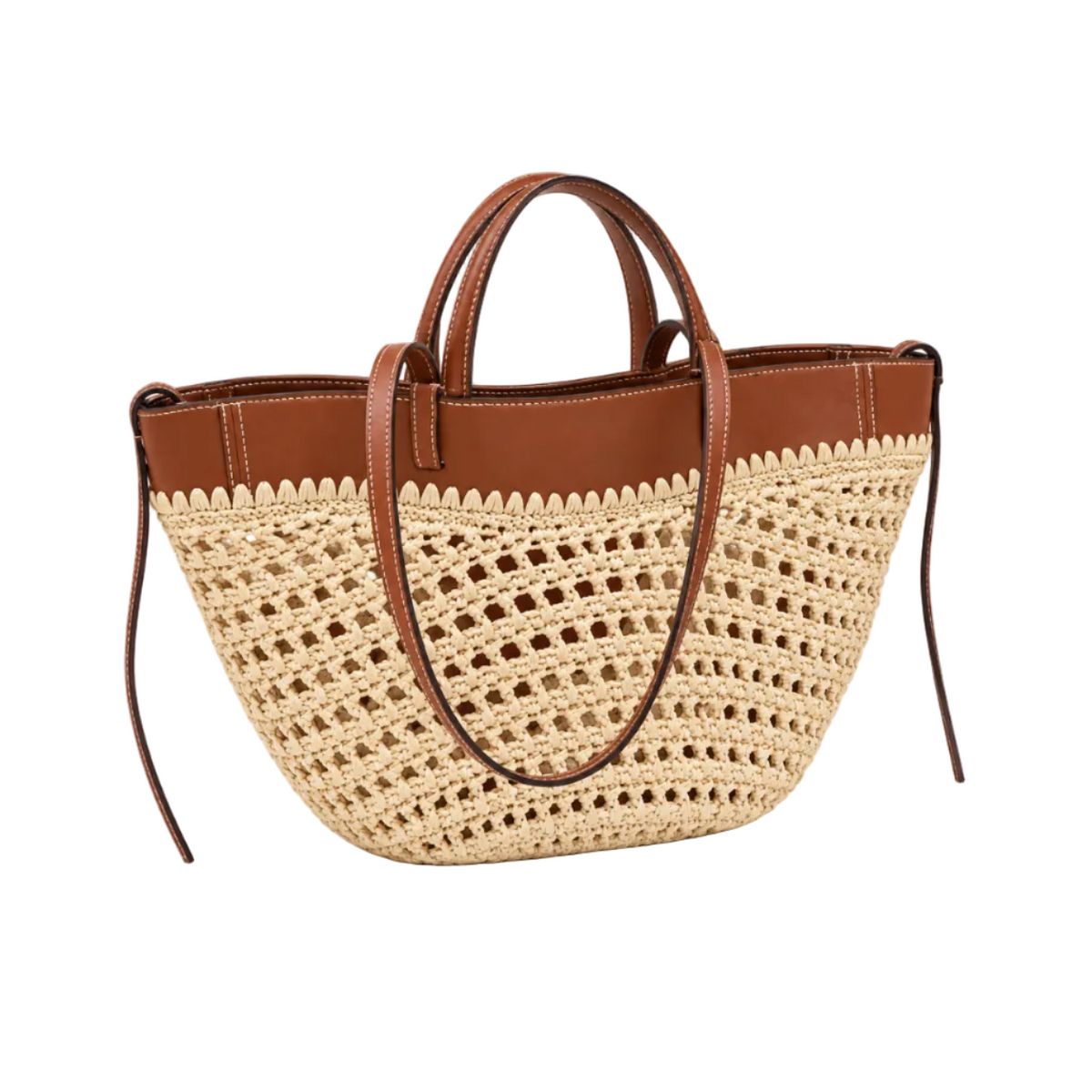 Beige Woven Crochet Tote With Brown Straps