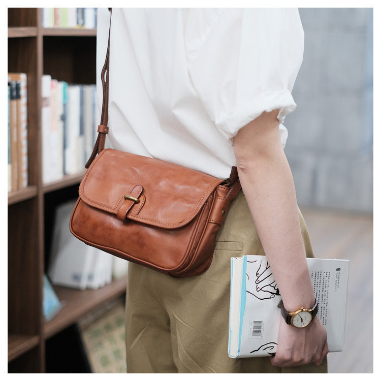 Japanese-Style Vintage Crossbody Shoulder Bag - Genuine Leather with Adjustable Strap & Golden-Tone Clasps, Zipper Closure, Polyester Lining