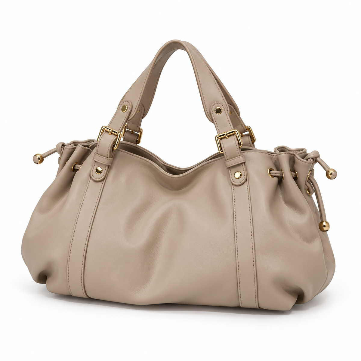 Elegant Taupe Slouchy Drawstring Tote Handbag