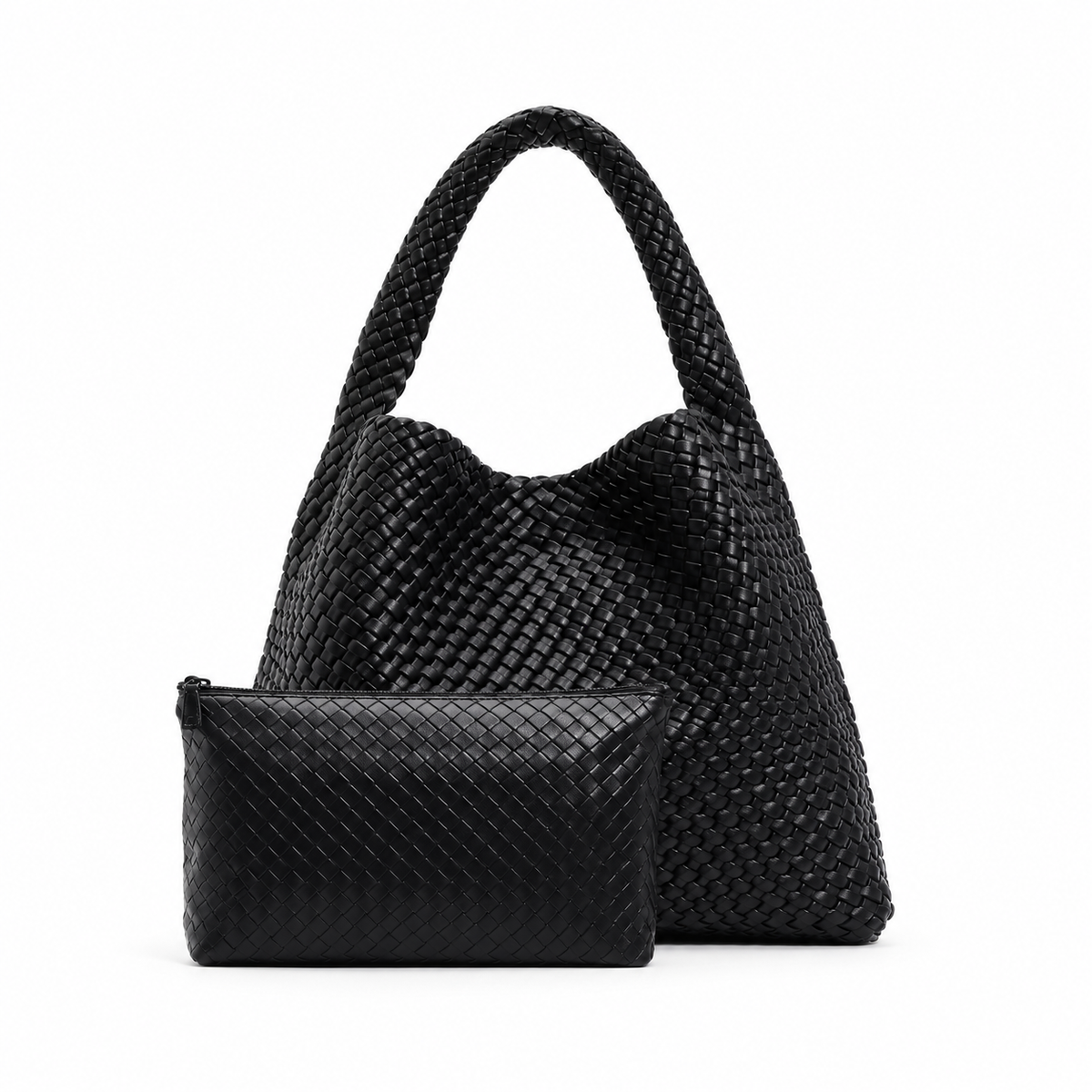Black Woven Hobo Tote With Pouch