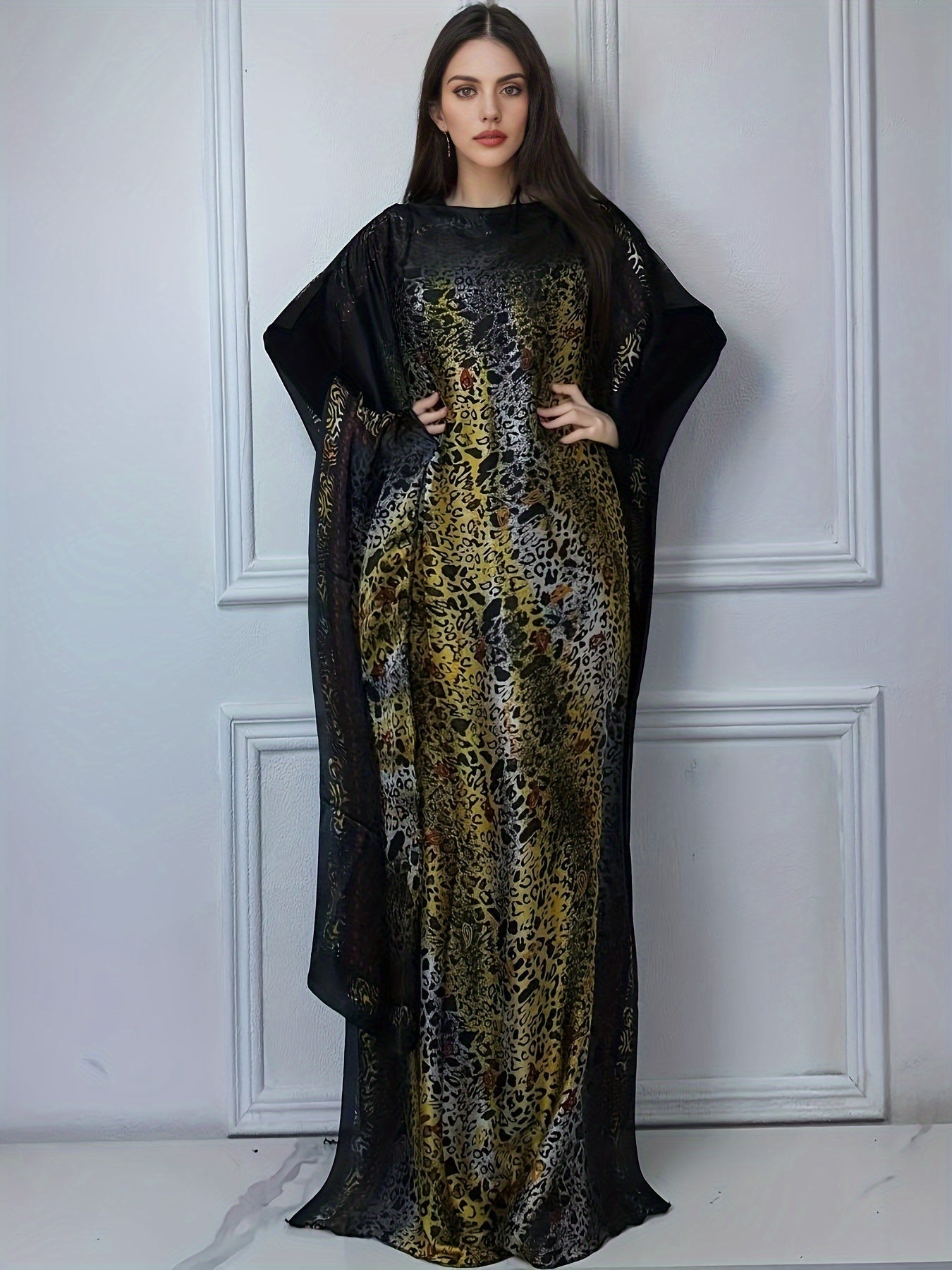 Women's Middle Eastern Style Color-Block Batwing Sleeve Long Cover-Up Abaya Dress with Scarf - Loose Fit H-Shaped All-Season Lightweight Beach Pool Party Dress