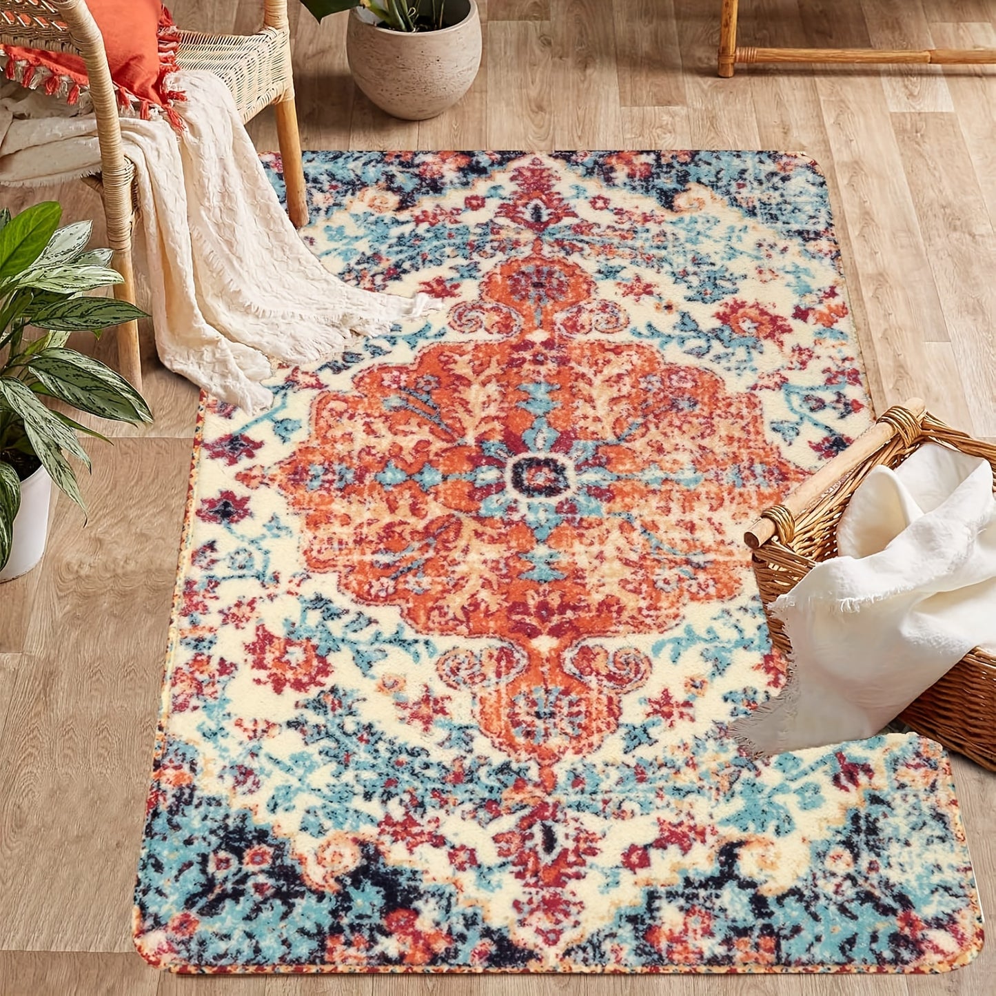 Bohemian Floral Medallion Area Rug - Oriental Distressed Bedroom Carpet Country Vintage Faux Wool Indoor Throw Mat Non-Slip Washable Low-Pile Carpet For Bathroom Living Kitchen Laundry Room
