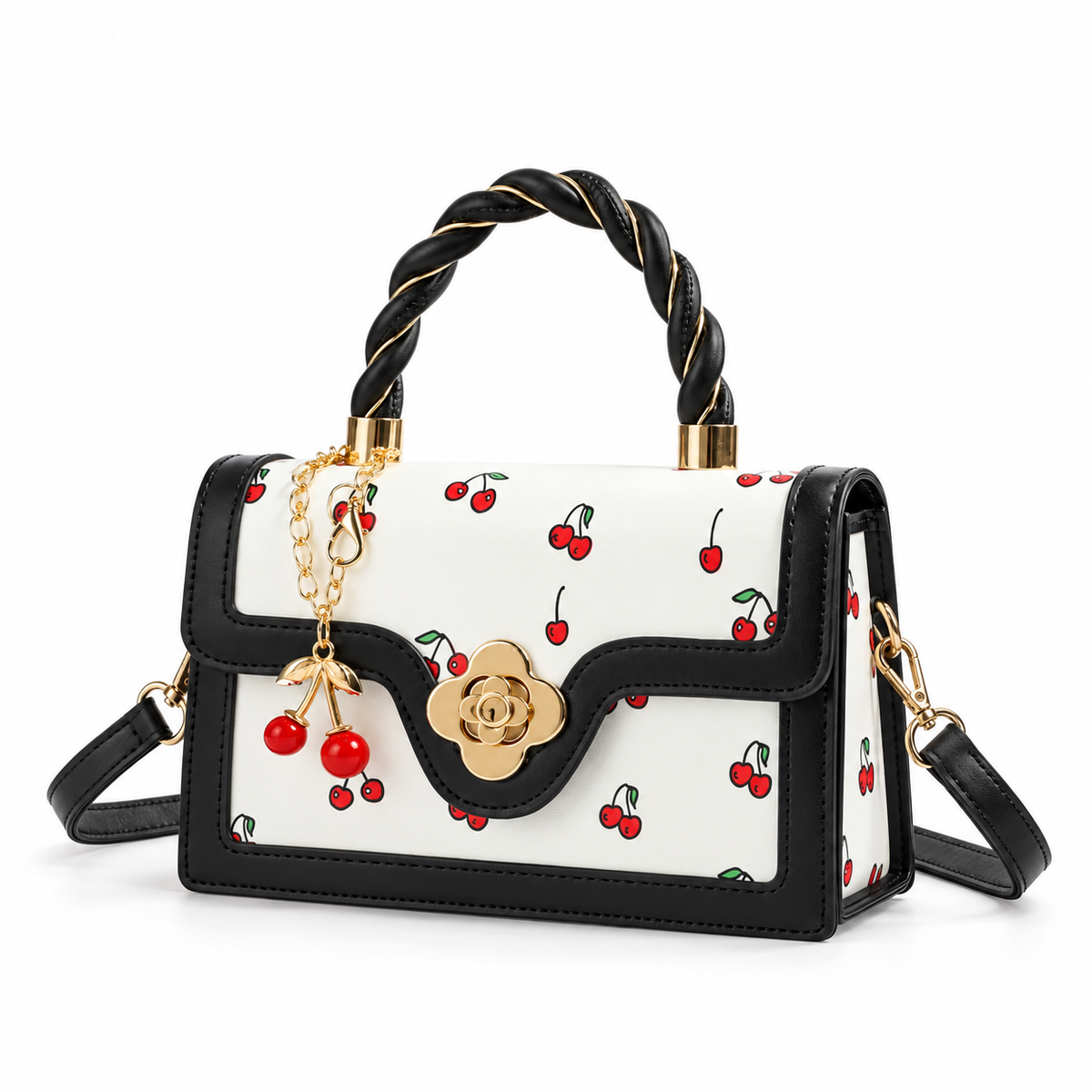Cherry Print Twisted Handle Crossbody Bag