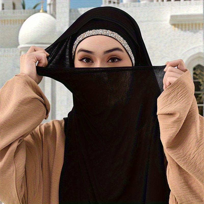 2pcs Ladies Elegant Rhinestone Decorated Headscarf And Cap + Solid-colored Hijab - Breathable, Lightweight And Soft, Suitable for Daily Outings