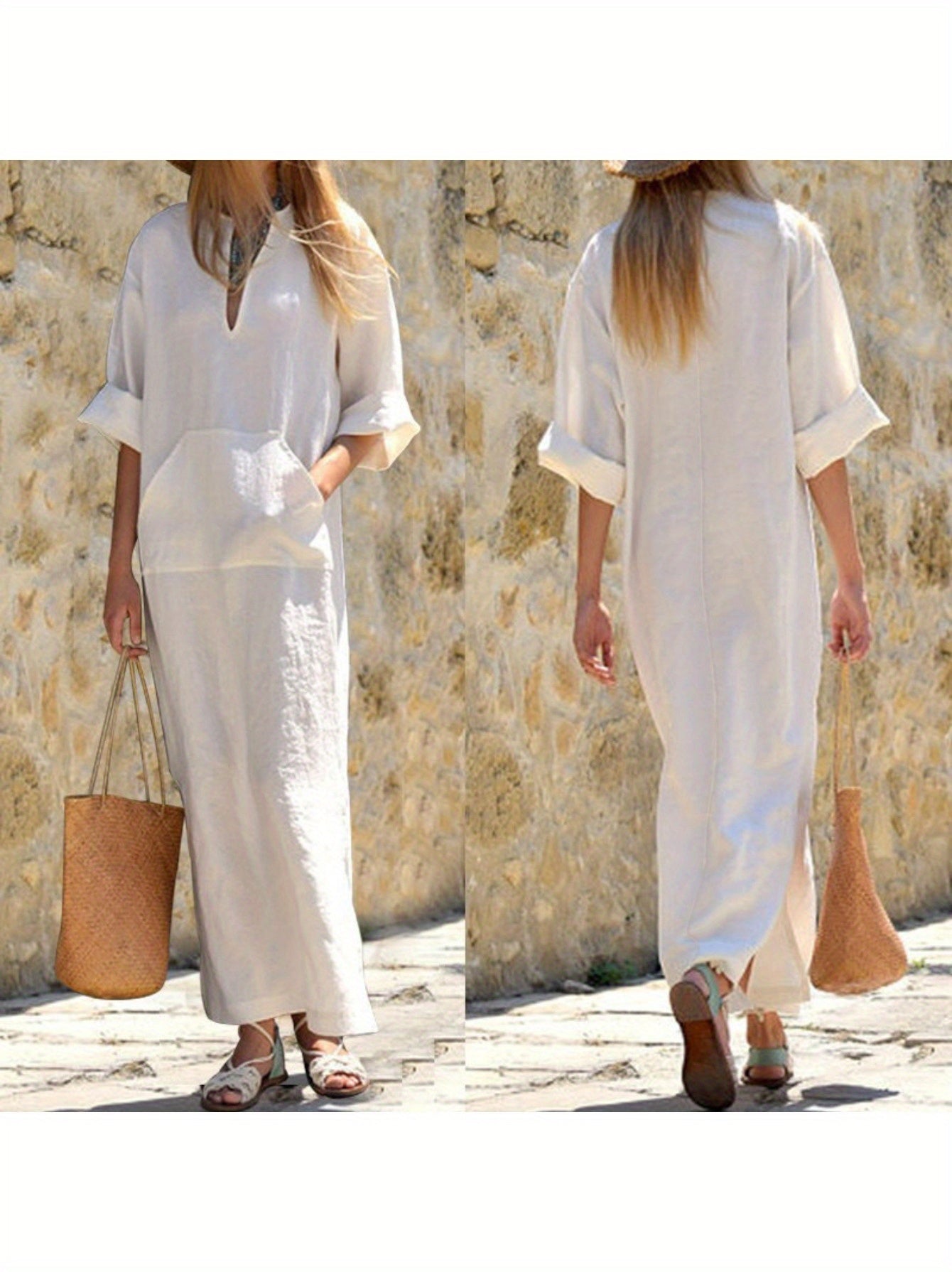 Plus Size, Plus Size Women's Loose V-Neck Kaftan Dress with Pockets - Short Sleeve Midi Split Beach Dress, Casual Summer Dress for Women, Machine Washable