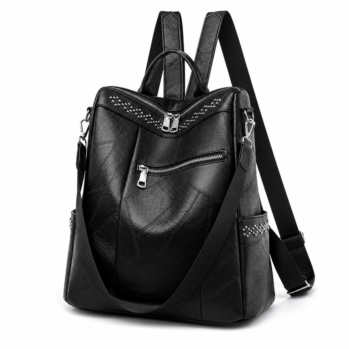 Black Textured Backpack With Studded Details